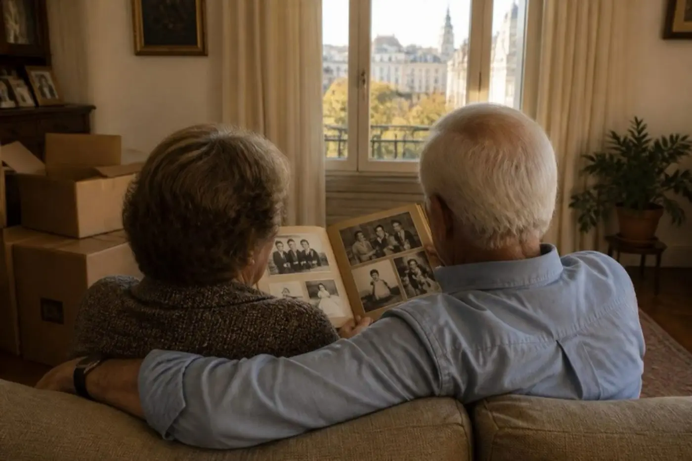 Pareja mirando un álbum de fotos en su casa