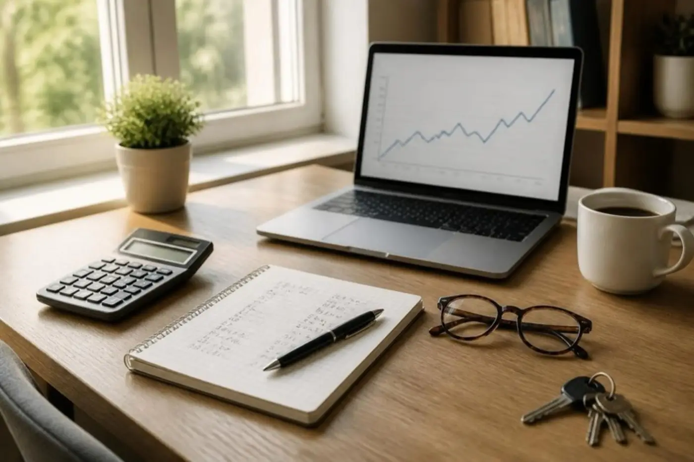 Mesa con calculadora, cuaderno y café
