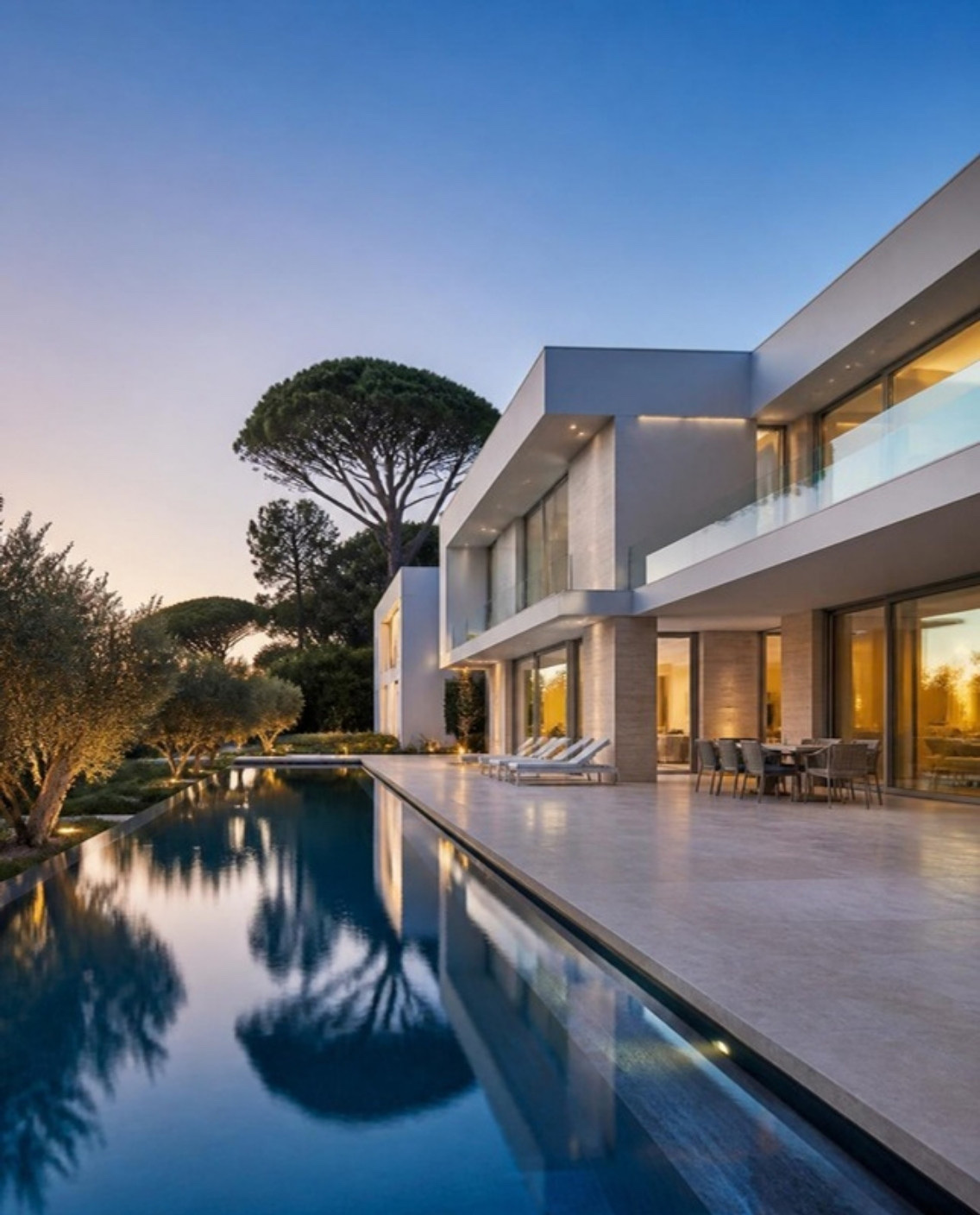Villa contemporánea con piscina al atardecer (imagen ilustrativa)